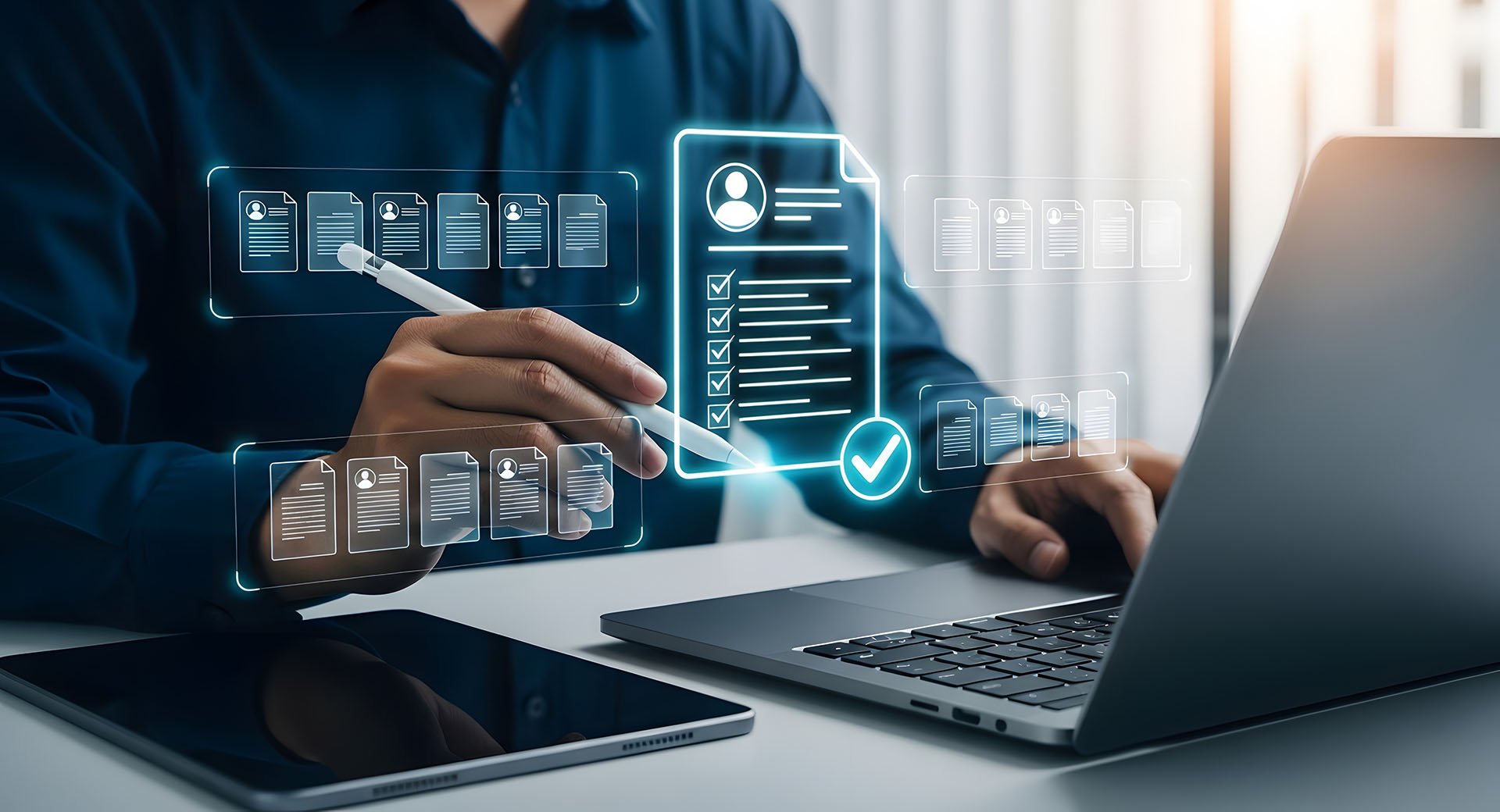 A person using a laptop with a floating virtual interface and stylus pen to interact with it.